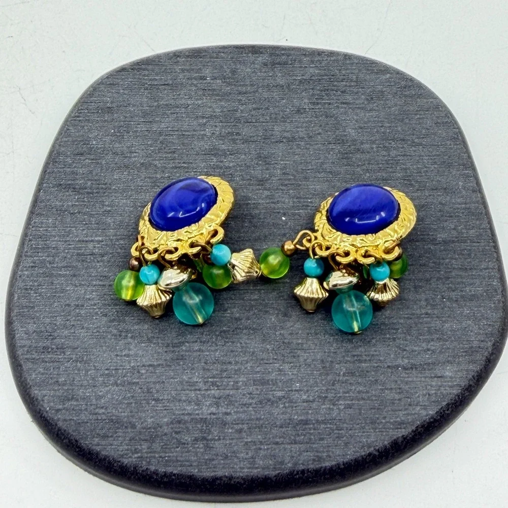 Blue Teal Green Beaded Clip On Earrings Gold Tone Cabochon Boho Statement Gift